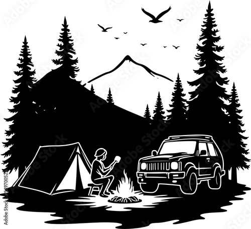 Hiking Man Scene with Tent, Campfire, SUV, and Mountains vector bundle