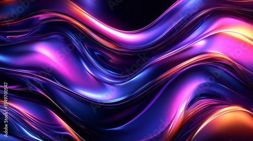 Iridescent wave pattern flowing in dark digital background with hues of purple and orange