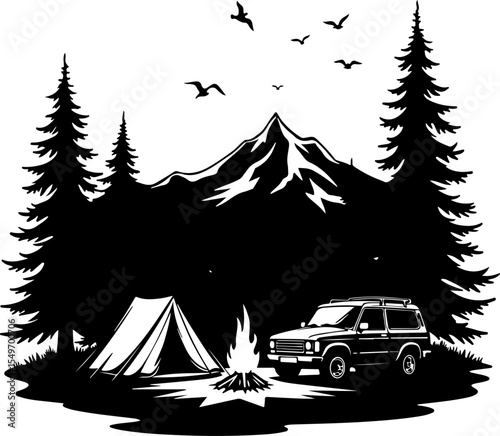 Hiking Man Scene with Tent, Campfire, SUV, and Mountains vector bundle