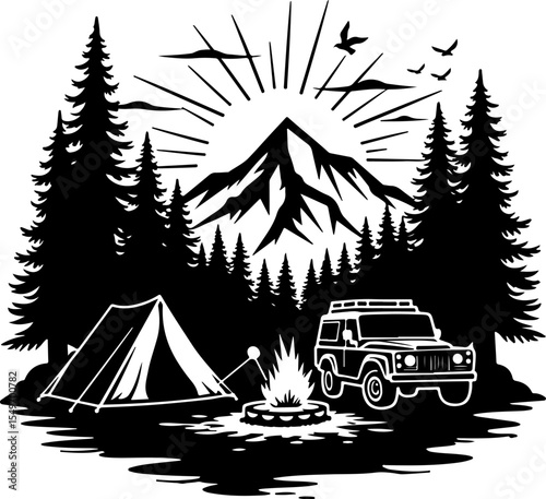Hiking Man Scene with Tent, Campfire, SUV, and Mountains vector bundle
