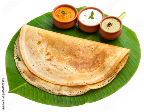  Angled Close-Up of Folded Masala Dosa with Chutney Trio and Banana Leaf Plate, Isolated on Transparent Background