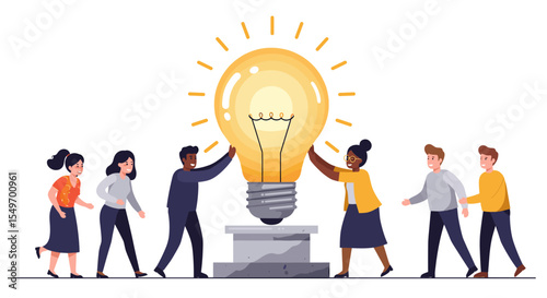 Teamwork and innovation concept with diverse people collaborating to illuminate giant light bulb vector illustration