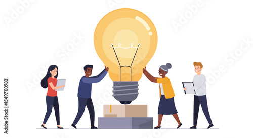 Teamwork and innovation in business concept - diverse group collaborating with giant light bulb idea vector illustration