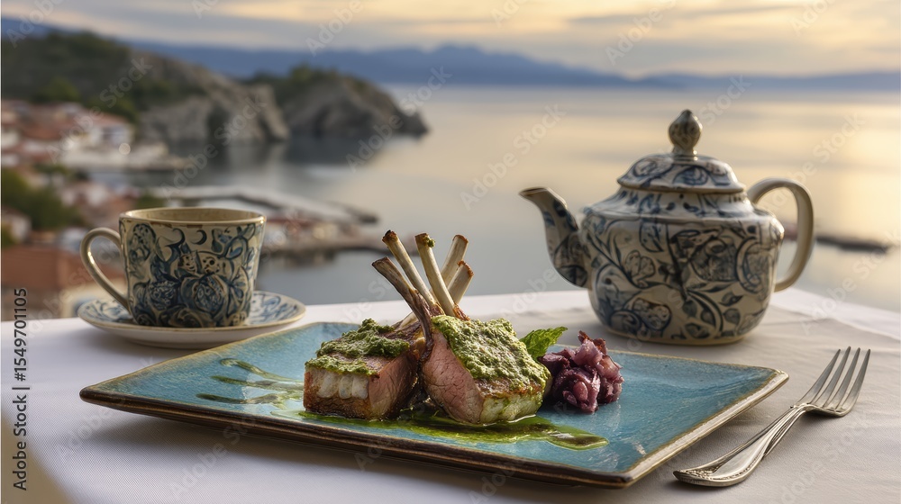 Fototapeta premium Herb-crusted lamb steak with mint pistou on a ceramic platter against a softly blurred Mediterranean sea view backdrop under sunset glow