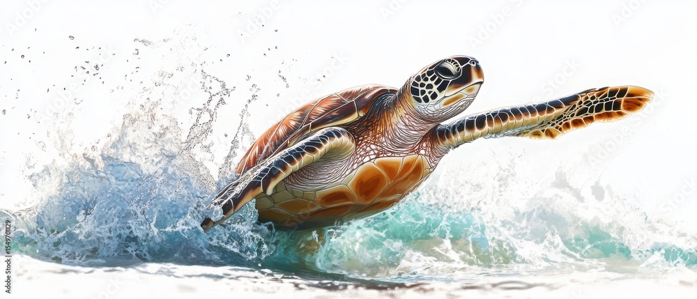 Fototapeta premium Sea turtle emerging from the waves shown from a dramatic
