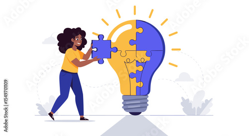 Woman solving puzzle on light bulb illustrating innovation and creative problem solving vector illustration