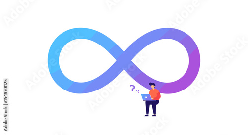 Infinity and curiosity concept with person using laptop for problem solving design vector illustration