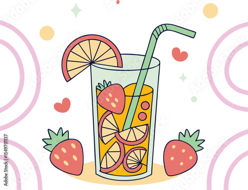 Refreshing summer fruit cocktail drink in a glass with berries, citrus, and ice