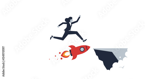 Businesswoman taking a leap with rocket concept for success and innovation design vector illustration