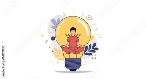 Mindfulness and innovation concept with person meditating inside a light bulb for creative design vector illustration