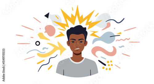 Creative mindset and inspiration concept with concentrated person and abstract elements vector illustration