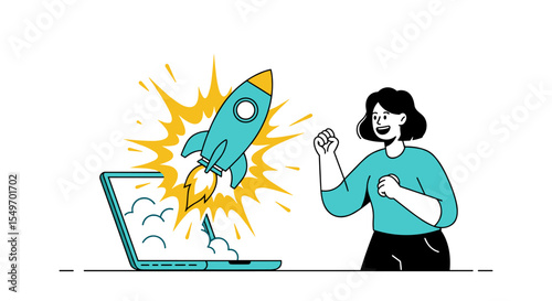 Excited woman watching rocket launching from laptop for business innovation illustration vector illustration