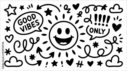 Black and White Doodle Illustration with Emotive Faces and Fun Symbols
