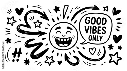 Black and White Doodle Illustration with Emotive Faces and Fun Symbols