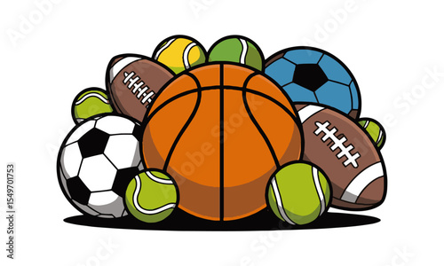Modern vector illustration featuring a diverse collection of sports balls, basketball, soccer ball, football, shuttlecock, frisbee, rugby ball, beach ball, bowling balls, 8-ball, easily editable.