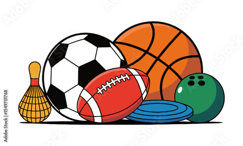 Modern vector illustration featuring a diverse collection of sports balls, basketball, soccer ball, football, shuttlecock, frisbee, rugby ball, beach ball, bowling balls, 8-ball, easily editable.