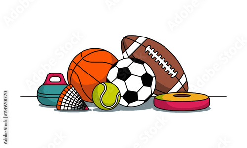 Modern vector illustration featuring a diverse collection of sports balls, basketball, soccer ball, football, shuttlecock, frisbee, rugby ball, beach ball, bowling balls, 8-ball, easily editable.