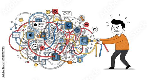 Chaos in technology: man struggling with tangled network for digital problem solving illustration vector illustration