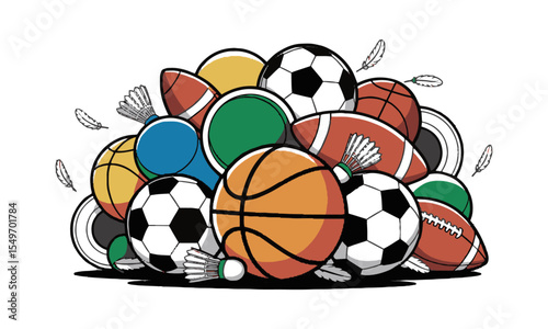 Modern vector illustration featuring a diverse collection of sports balls, basketball, soccer ball, football, shuttlecock, frisbee, rugby ball, beach ball, bowling balls, 8-ball, easily editable.