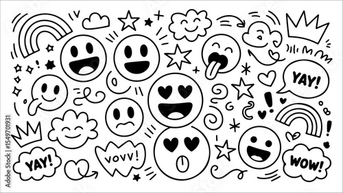 Black and White Doodle Illustration with Emotive Faces and Fun Symbols