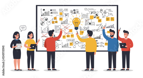 Creative team collaborating on business strategy presentation with charts and diagrams vector illustration
