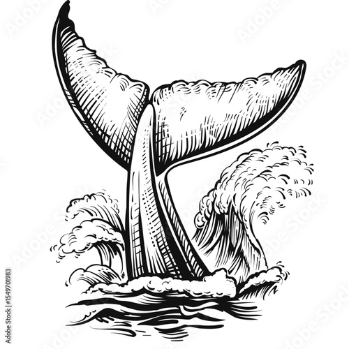 Whale Tail with Water Waves, Black and White Sketch⁠
