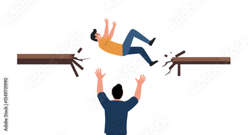 Risky adventure concept featuring a man falling between broken bridges for safety awareness design vector illustration