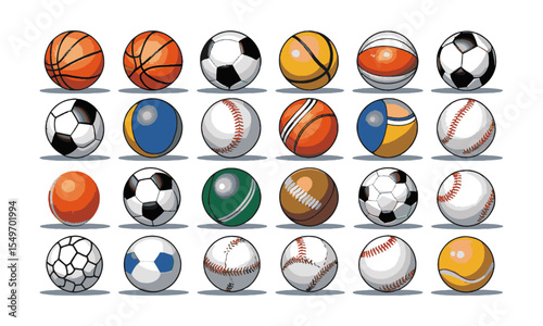 Modern vector illustration featuring a diverse collection of sports balls, basketball, soccer ball, football, shuttlecock, frisbee, rugby ball, beach ball, bowling balls, 8-ball, easily editable.