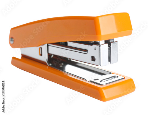 Orange stapler isolated on white, office desk tool for paper binding.