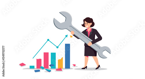 Businesswoman adjusting growth strategy with giant wrench for data analysis and problem solving design vector illustration