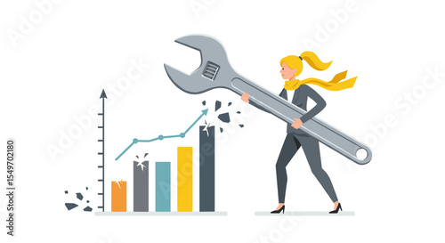 Businesswoman adjusting growth chart with wrench for strategic success and innovation concept vector illustration
