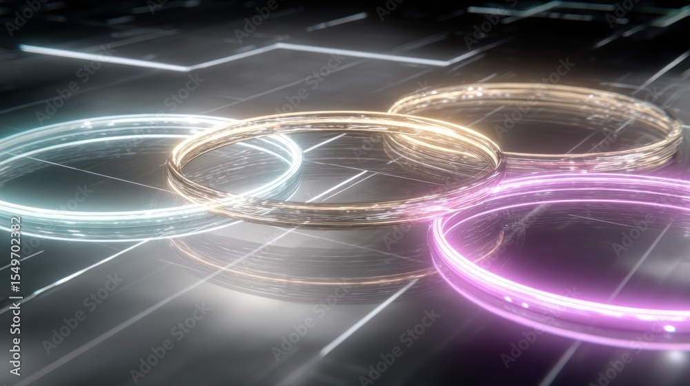 Fototapeta premium Glowing rings in shades of blue gold and pink on a dark surface with light reflections and lines design