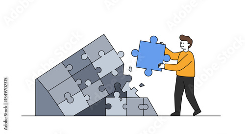 Problem solving concept with person completing puzzle for teamwork and success themes vector illustration