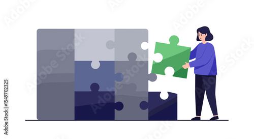 Teamwork and problem solving concept with woman completing puzzle for creative collaboration design vector illustration