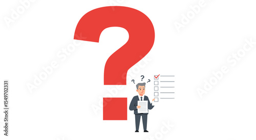 Businessman making decisions with question mark and checklist for planning vector illustration