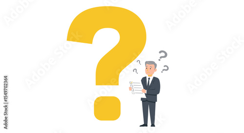Businessman contemplating decisions with checklist and question marks - conceptual illustration for decision making and problem solving vector illustration
