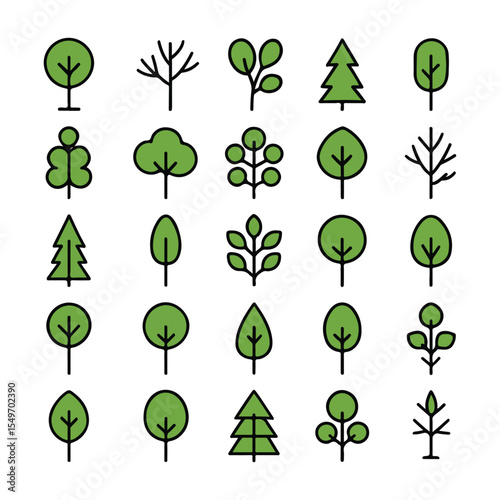 Minimal Flat Green Tree Icons Set – Outline Style Nature Symbols

