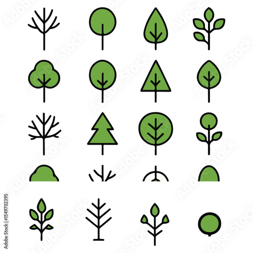 Minimal Flat Green Tree Icons Set – Outline Style Nature Symbols

