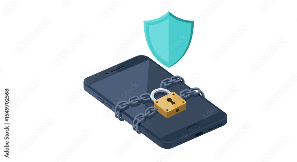Fototapeta premium Mobile data security concept with locked smartphone and shield illustration vector illustration