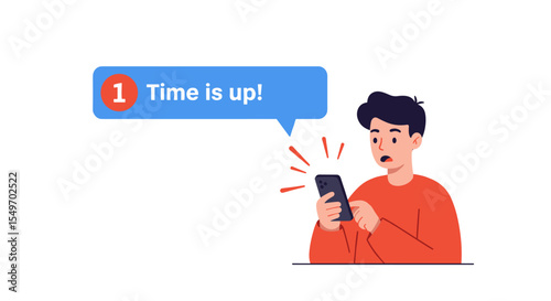 Time management alert illustration with surprised man receiving notification on smartphone vector illustration