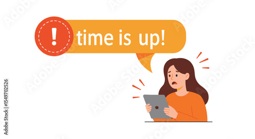 Urgent time's up notification with surprised woman using tablet for time management and deadlines vector illustration