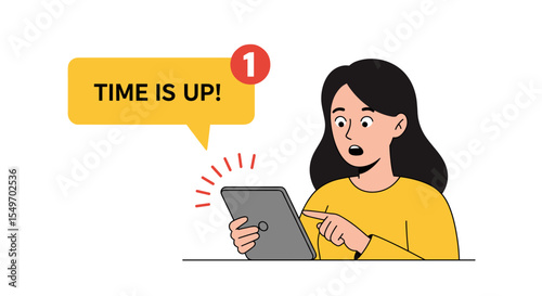 Time is up alert with surprised woman checking notification on tablet for task reminder vector illustration