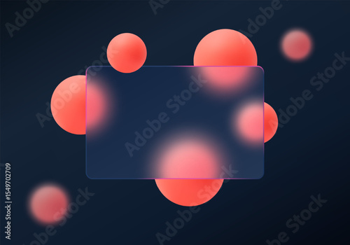 Dark vector design with transparent panel and bright coral glowing spheres for modern ui or finance layout background.