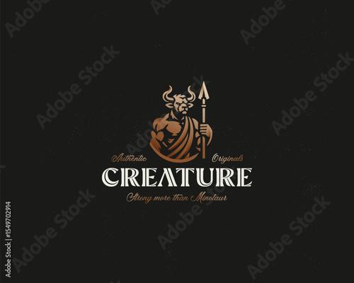 Minotaur, a mythical animal, holds an spear in his hand. for sport logo team