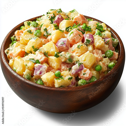 Fresh potato salad with vegetables and mayonnaise in wooden bowl