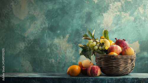 Wicker Basket Overflowing with Fresh Fruit on Rustic Table