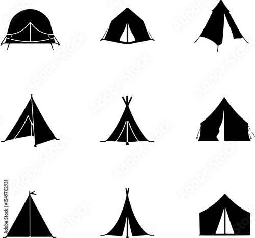 Hiking Man Scene with Tent, Campfire, SUV, and Mountains vector bundle