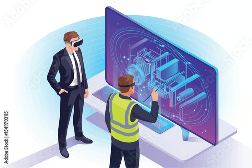 Two men interacting with a holographic display using vr headsets isolated on transparent background