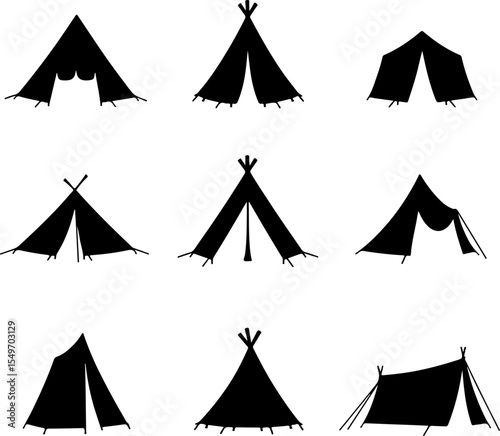 Hiking Man Scene with Tent, Campfire, SUV, and Mountains vector bundle