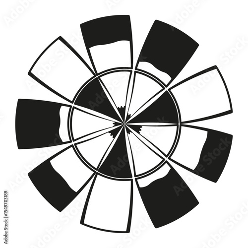 Monochrome fan array. Abstract spoke design. Geometric radial pattern. Vector minimalist wheel.